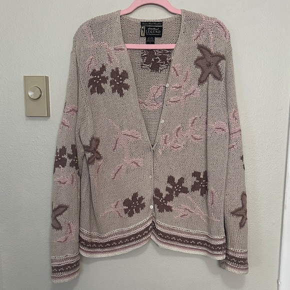 Eddie Bauer Pink and Brown Linen Hand Knit Floral Cardigan